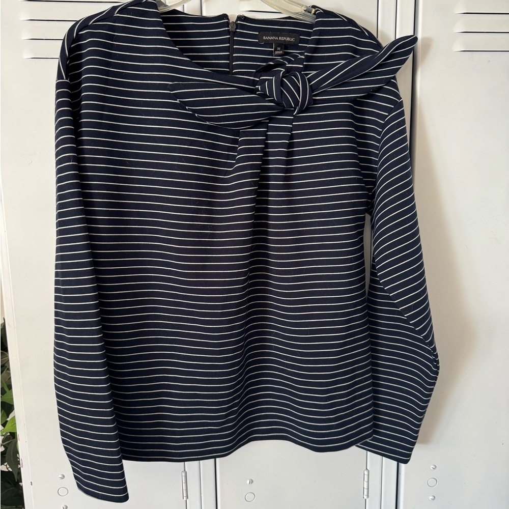 Banana Republic Navy and White Striped Blouse with bow
